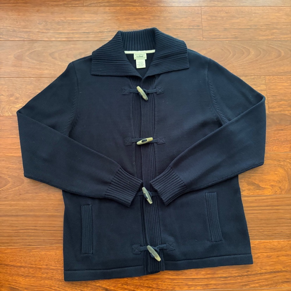 LL Bean Mens XL Navy Blue Cotton Toggle Cardigan Sweater Shawl Collar Heavy Knit